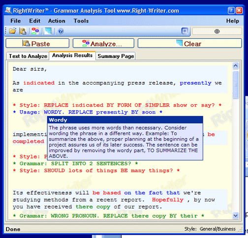 RightWriter Grammar Analysis screen shot